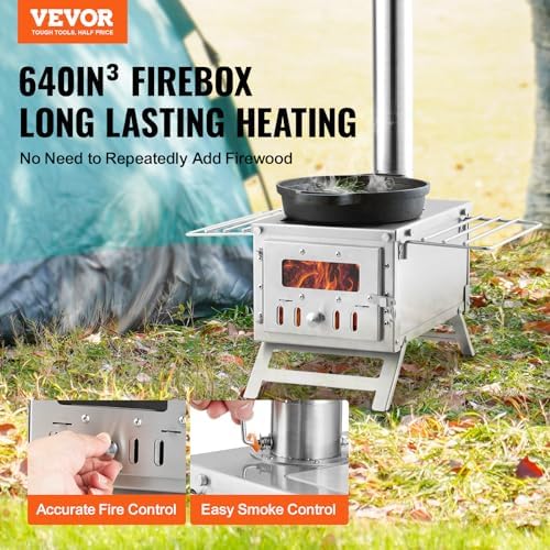 VEVOR Camping Wood Stove Stainless Steel Camping Tent Stove, Portable Wood Burning Stove with Chimney Pipes & Gloves, 700in³Firebox Hot Tent Stove for Outdoor Cooking and Heating with 8 Pipes - Image 3